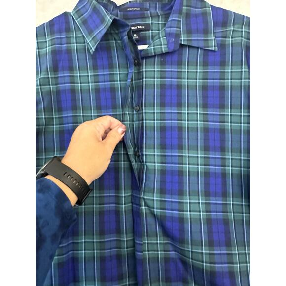 Lands' End Blue Plaid No Iron Supima Top 14 Large Half Button - Picture 5 of 9